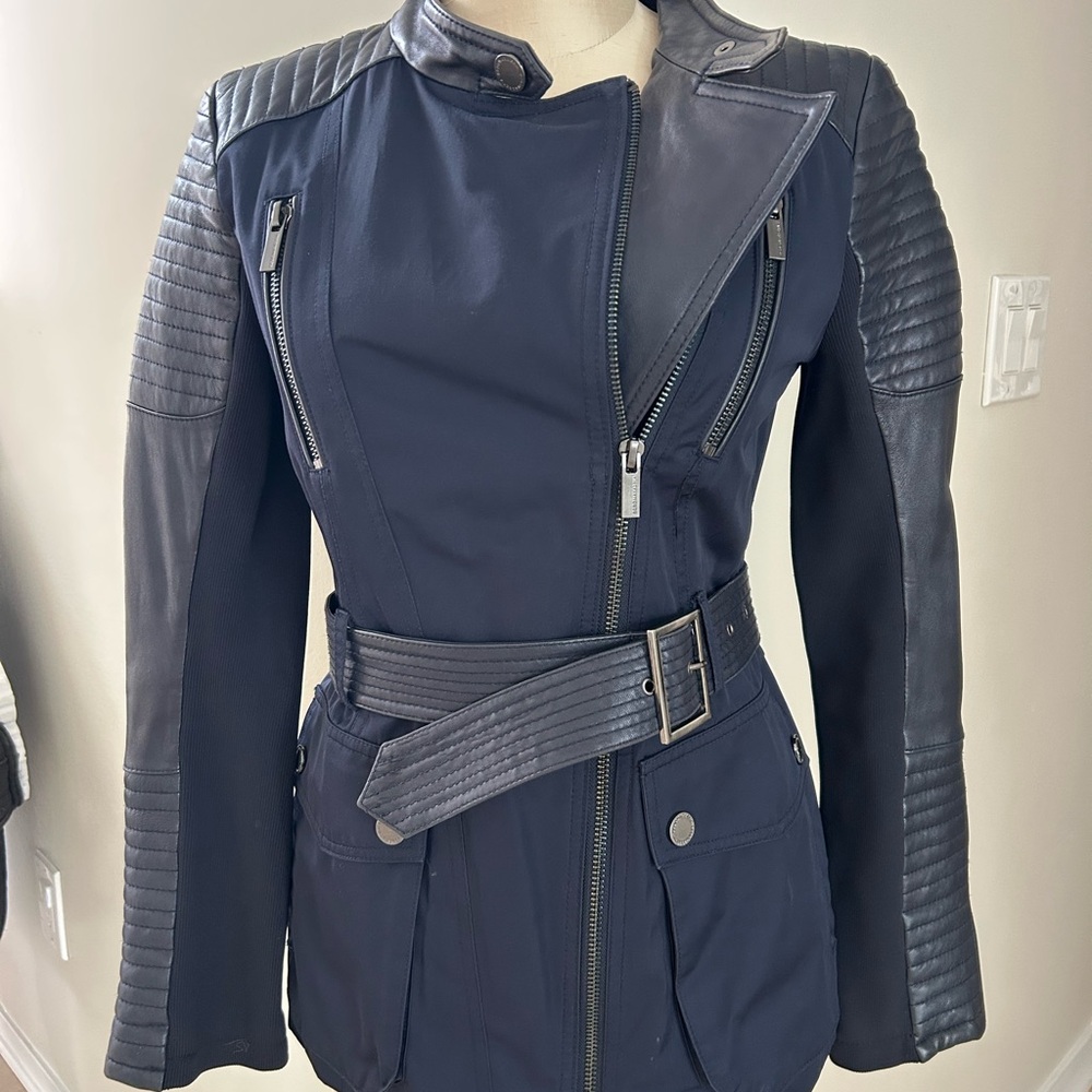 BCBGMAXAZRIA Women's Navy leather and nylon Belted Jacket